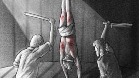 Illustration einer in iranischen Gefängnissen verwendeten Foltermethode nach den Protesten im November 2019
